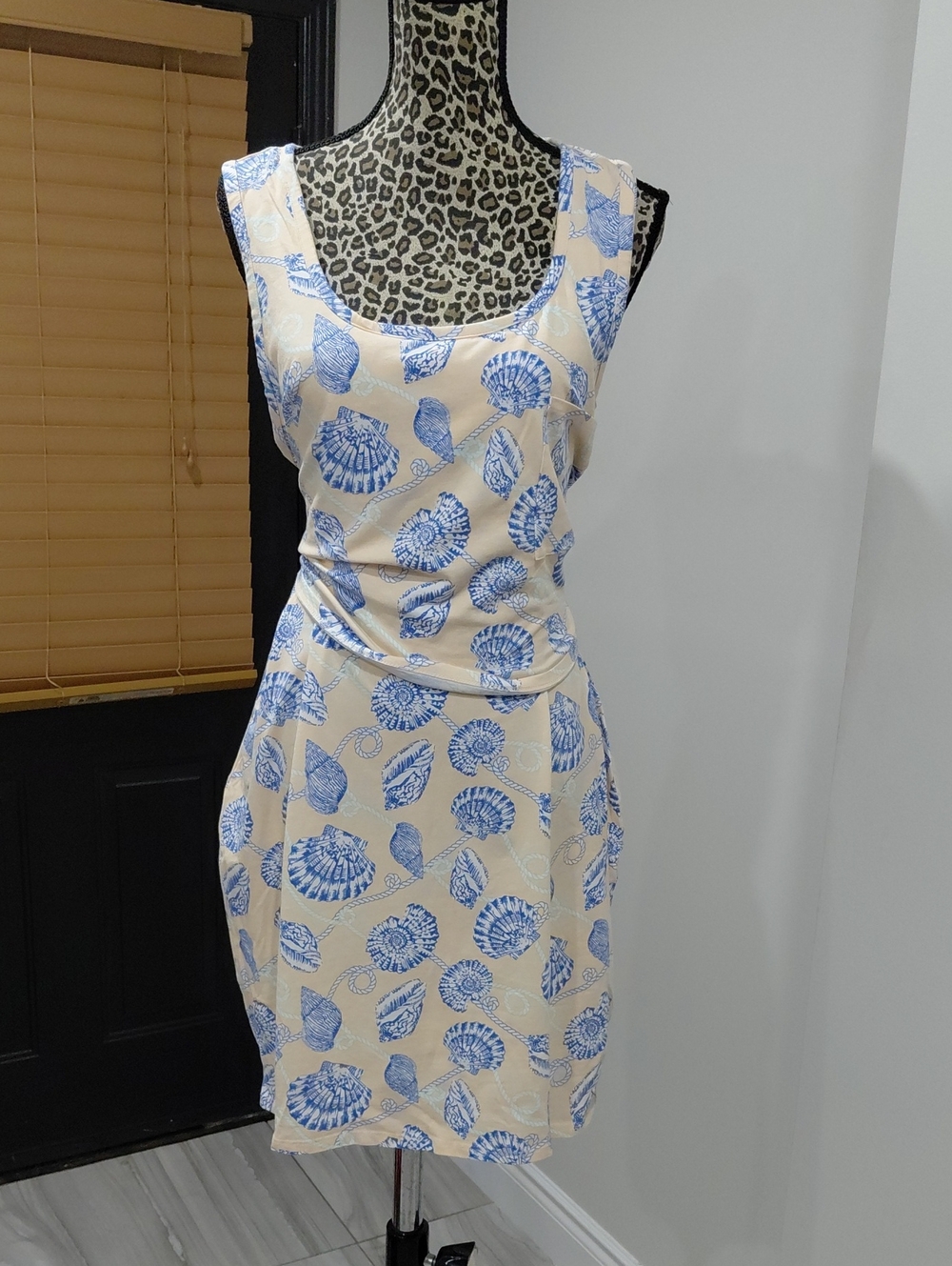 VENUS Beige Dress with Blue Shell Print